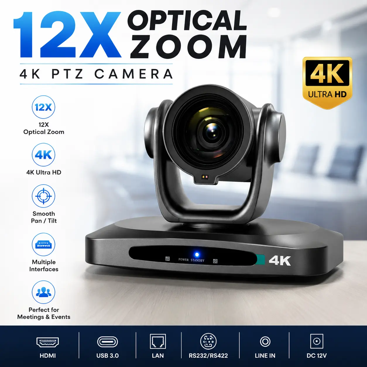 DF-712 4K PTZ Camera with 12X Optical Zoom for Video Conferencing and Live Streaming