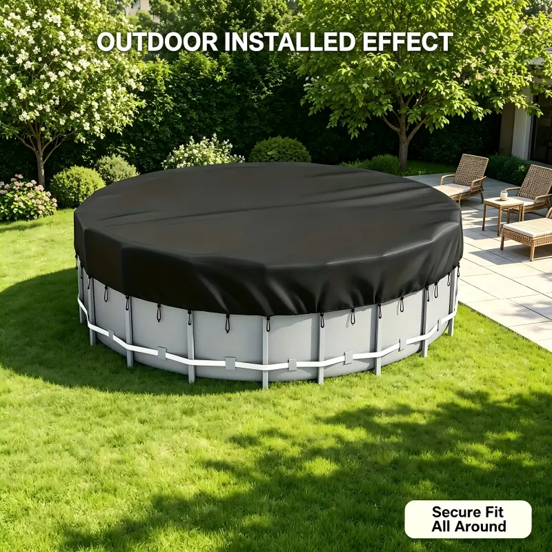 All Weather Outdoor Round Pool Protective Cover, Heavy Duty Waterproof Anti-UV Pool Dust Cover, Wind Resistant Drawstring Lock Design Foldable Storage Pool Cover, Multi Use for Above Ground Swimming Pool, Spa Hot Tub, Round Trampoline