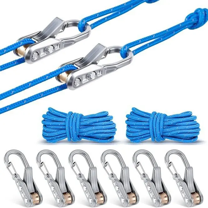 Steel+Brass Rope Tensioner with Smooth Brass Roller & Stainless Steel Spring - 66lb Load Capacity, 1-Hand Quick Adjustment, Self-Locking, Anti-Slip, Wear-Resistant, Rustproof, Carabiner Clip Compatible Outdoor Hardware for Camping, Boating, One Hand Quick