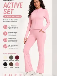 Women's Soft Yoga Sport Set, Two-Piece Fitness with Zipper Jacket and Flare Pants, High-Waisted Leggings with Pockets, Casual & Sports，OOTD