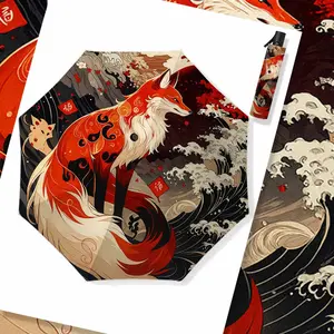 National Trend Nine-Tailed Fox Automatic Umbrella, Float World Wave Illustration UV Protection Sunshade, Rain and Shine Dual-Use Umbrella, Automatic Folding Umbrella