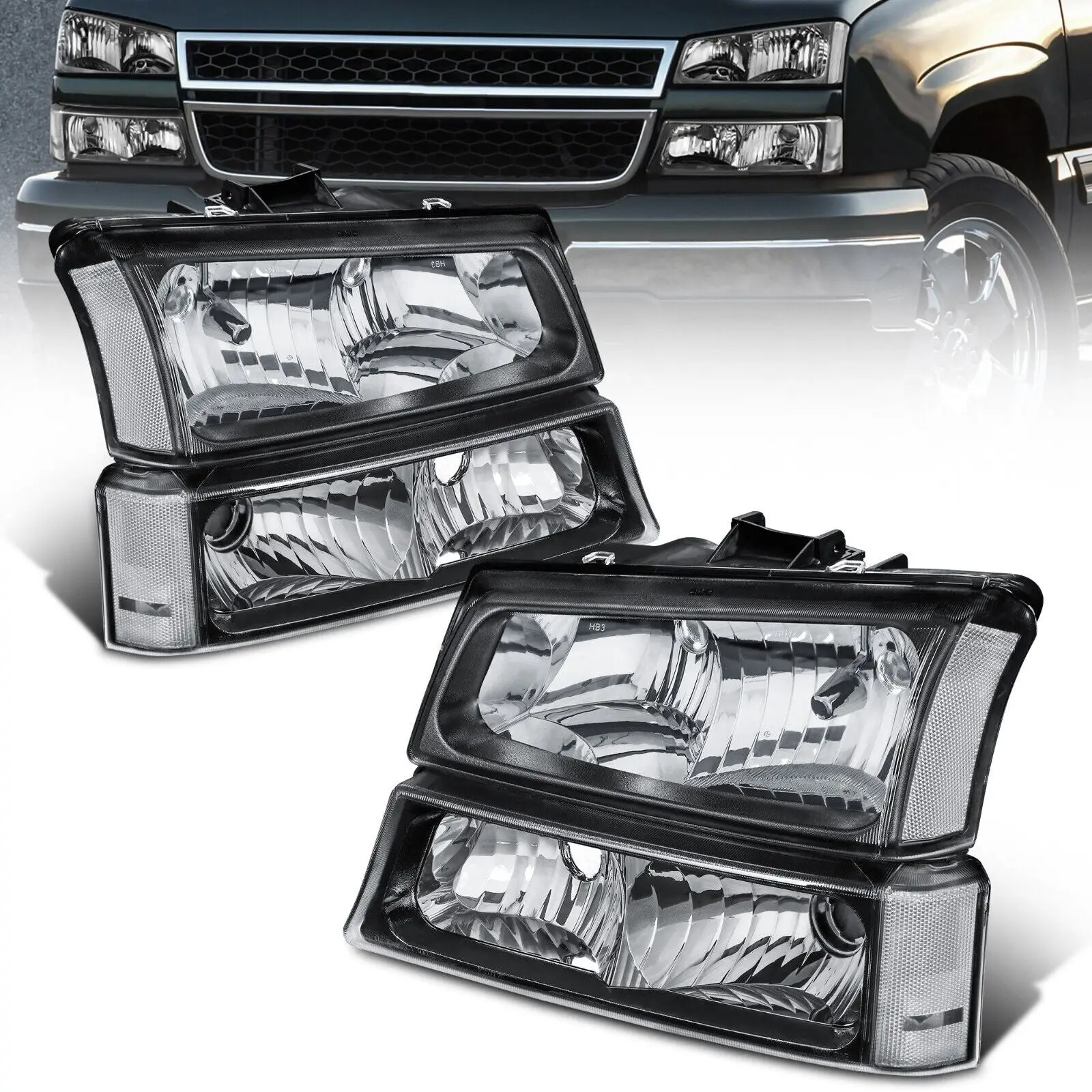 MOSTPLUS Headlight Assembly For 2003-2006 2007Classic Chevy Silverado Avalanche 1500/2500/3500 with Black Housing/Transparent Lens/Transparent Cornor