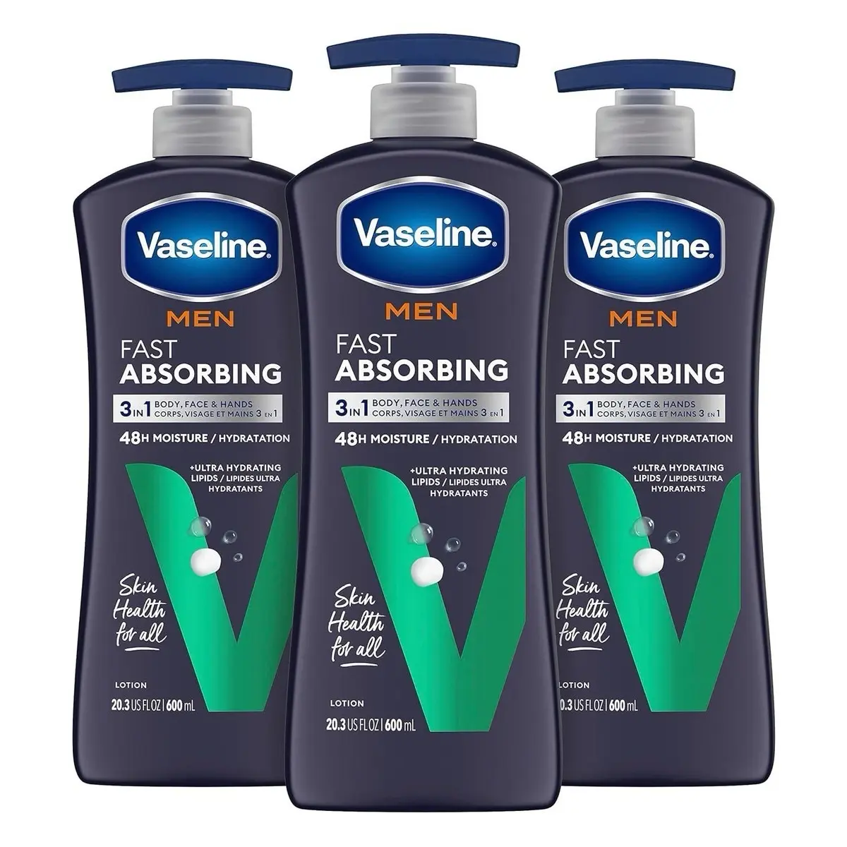 Vaseline Men's Healing Moisture Hand & Body Lotion Moisturizer - 20.3 Oz, Pack of 3, Daily Hydrating Cream for Dry/Cracked Skin, Fast-Absorbing, Non-Greasy, Skin-Restoring