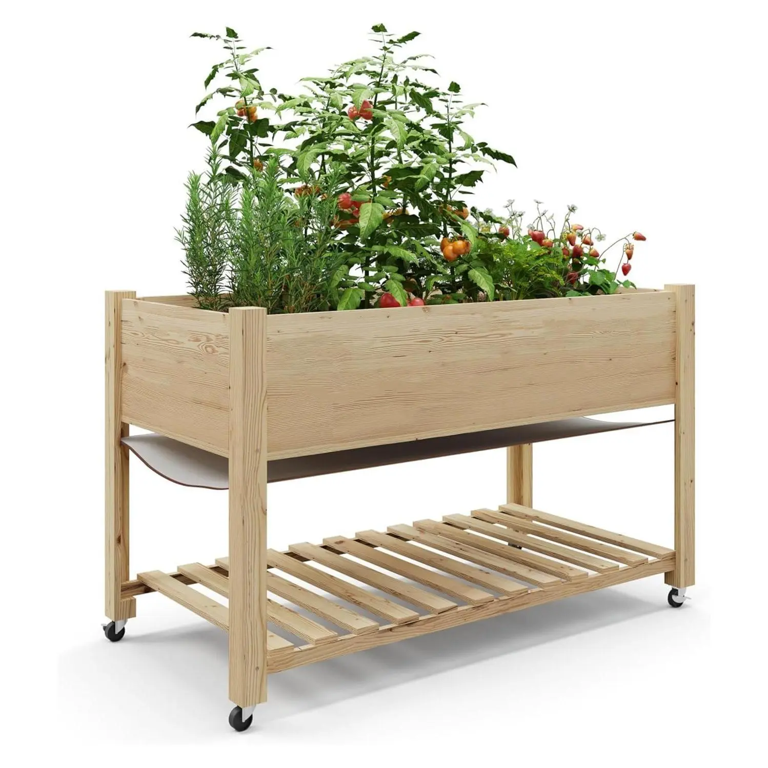 Natural Solid Cedar Wood Raised Garden Bed (48x24in) - Deck Compatible Elevated Planter Box with Lockable Wheels, Sturdy Storage Shelf, Pre-Drilled Kit, Ideal for Balconies, Vegetables & Herbs, Thoughtful Gift