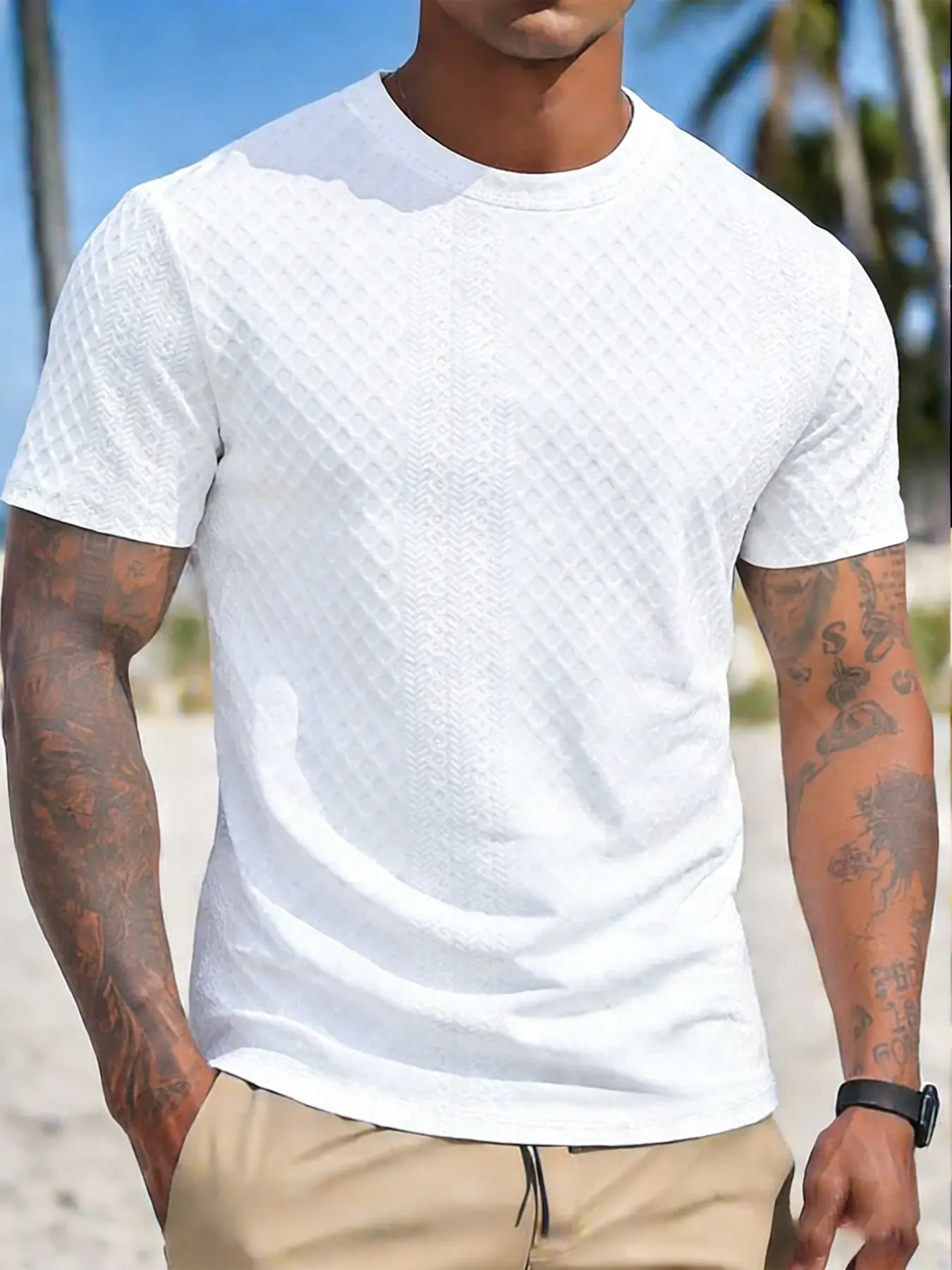 Men's Summer Casual Classic Plain Textured Round Neck T-Shirt, Breathable Comfort, Design Sensory Fabric, Daily Wear Essential, Fitted Long Style Top