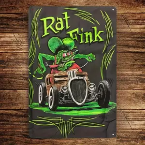 Vintage Rat Fink Iron Sign, Classic Hot Rod Character Wall Art, Wall Hanging Metal Plaque for Home Decor, Bar, Garage, Garden & Patio Decoration
