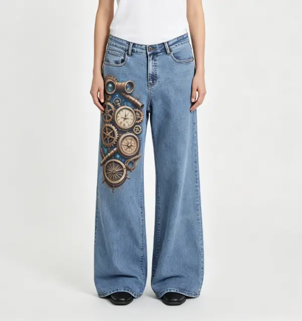 Women's Light Wash High Waist Wide Leg Jeans - Vintage Steampunk Gear, Pocket Watch, Telescope, Compass Print Bottoms - Industrial Retro Loose Fit Style, All Metal Graphics Printed, All Seasons Denim Trousers, Pocket Detail, Steampunk Print