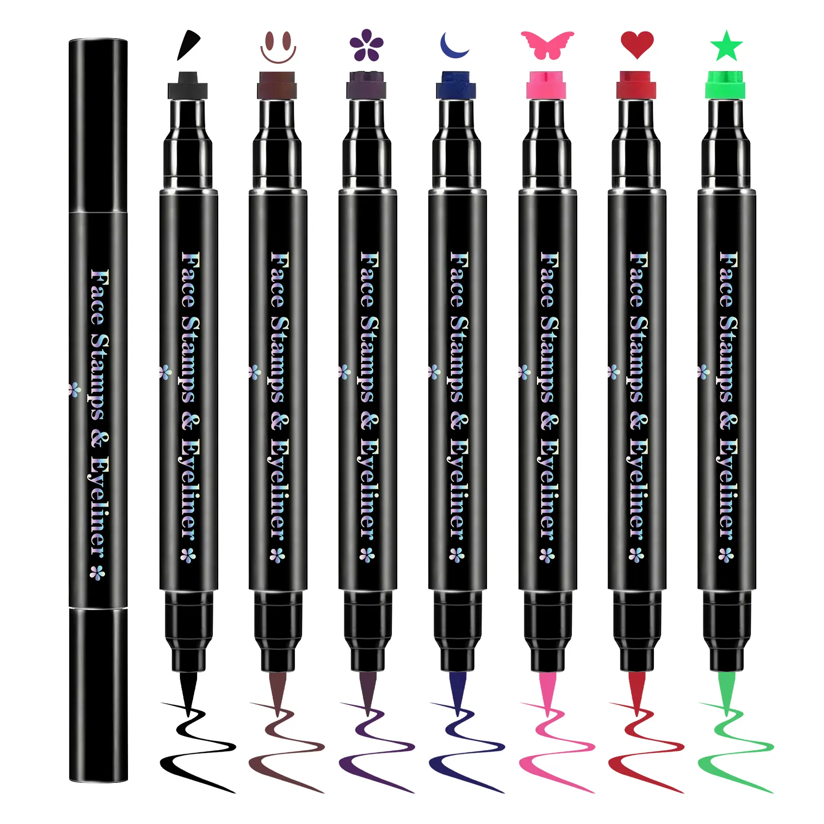 7 Color Double-Headed Liquid Eyeliner Stamp Pencil Set, Winged Eyeliner Stamp Pen for Women, Long-Lasting Heart Flower Star Design, Eyeliner Pens