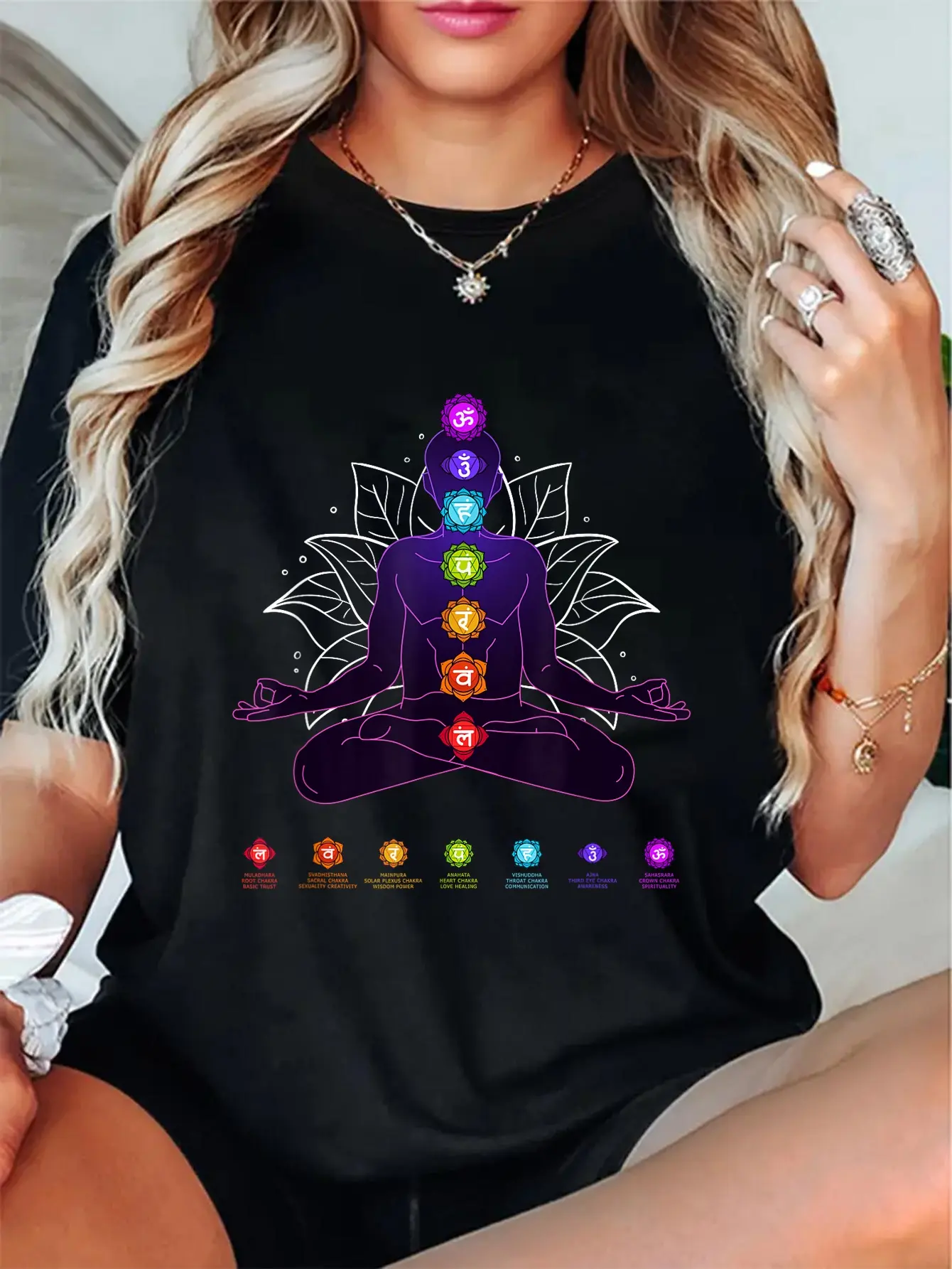 Women's 100% Cotton Casual Graphic Streetwear Yoga T-Shirt - Chakra Spiritual Meditation Top, Vintage Design