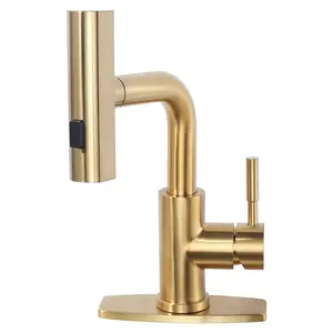 WOWOW Brushed Gold Durable Steel Waterfall Sink Faucet - Single Handle, Pull-Down 3-Mode Sprayer, with Deckplate