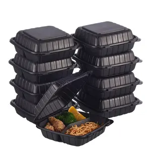 8X8 3-Compartment 50-Pack Plastic Clamshell Takeout Food Trays Heavy Duty Togo Disposable Box Carryout Meal Prep Packaging Catering Hinged Containers With Secure Snap Lid (Formerly FULING)
