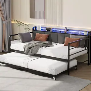 GAOMON Daybed with Trundle Bed, Twin Bed Frame with Linen Upholstered Storage Headboard & Charging Station and LED Light, Heavy Duty Metal Day Bed Pop Up Trundle Bed for Living Room,Bedroom, Black