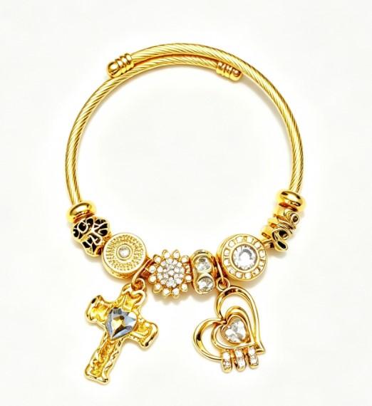 Gold Cross Heart Charm Bangle for Women, Adjustable Wire Cable Cuff Bracelet with Crystal Rhinestone Beads, Inner Diameter 2.28 Inches Dainty Religious Faith Jewelry Gift