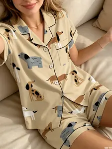 Women's Pajamas Set Minimalist Aesthetic Cute Dog Lover Cartoon Dachshund Dog Print Button Down Short Sleeve Silky Milk Silk Soft Relaxed Fit 2 Piece Fun Nightwear Loungewear Set for Women Pjs