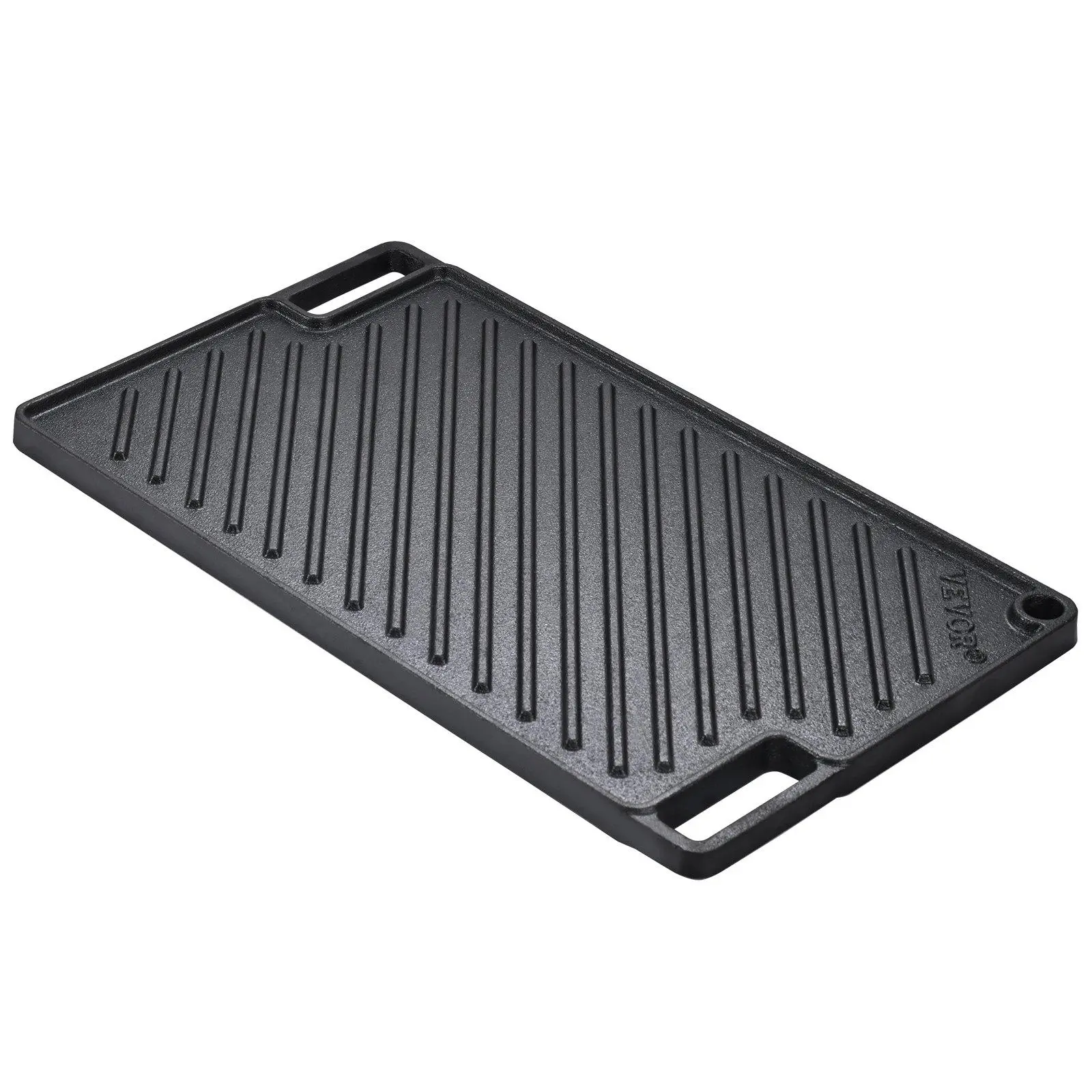 【Summerfinds】VEVOR Portable Pre-Seasoned Thick Cast Iron Reversible Grill-Griddle Skillet, 9.7"x16.7" Rectangular Double Burner Non-Stick Frying Cookware, Textured User-Friendly Design, Hollow Handles for Gas Grill, Minimizes Smoke, Portable and Versatile
