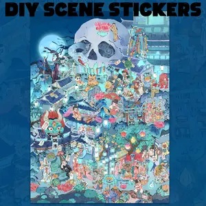 Chinese Ghost Town Scene Stickers, Super Big 3D Miniature Landscape, Traditional Chinese Town & Skull Theme, Ideal for Scrapbooking, Planners & DIY Crafts, Decorative Stickers
