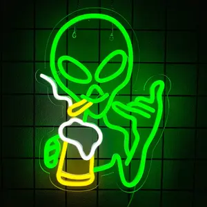Green Alien Neon Sign, Beer Bar Alien Neon Light for Wall Decor, LED Lights Signs for Bedroom Man Cave Game Room Home Bar Party Decoration, USB-Powered Alien Light-Up Sign for Kids Teen Boy Birthday Christmas Gifts