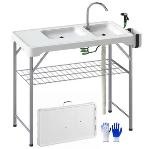 Outsunny Folding Fish Cleaning Table with Sinks, Portable Camping Sink Table with Faucet, Drainage Hose, Sprayer, Shelf, Drawer and Storage Basket, Outdoor Fillet Table for Picnic Beach Patio, White,summerwins