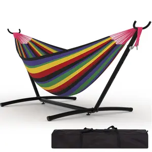 Double Hammocks with Stand for Outside, Portable Space Saving Heavy-Duty Steel Stand for Indoor Outdoor Patio with Carrying Bag, 450 lbs Capacity-Black Rainbow-striped