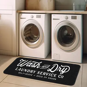 1pc Flannel Laundry Room Rug—Black Background, 24-Hour Laundry Script, Skin-Friendly & Breathable, Perfect for Laundry Room, Laundry Room Runner, Laundry Hall Runner, Laundry Room Rug Mat
