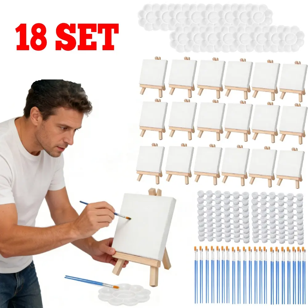 108 piece mini painting tool set -18 wooden easels, frames, color palettes, mini paint boxes (without paint), 36 small brushes