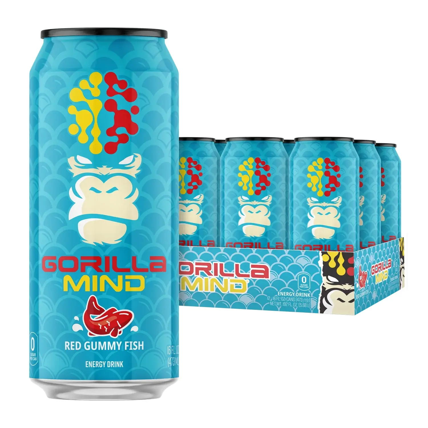 Gorilla Mind Caffeinated Carbonated Energy Beverage - Red Gummy Fish Candy Flavor - 0 Sugar, 16 fl oz, 12 Pack