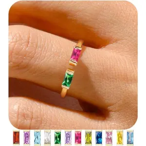 Gold Birthstone Rings for Women 14K Gold Plated Adjustable Rings Non Tarnish Gold Stackable Rings Dainty Emerald Green Cubic Zirconia Ring for Mother Daughter Birthday Jewelry Gifts