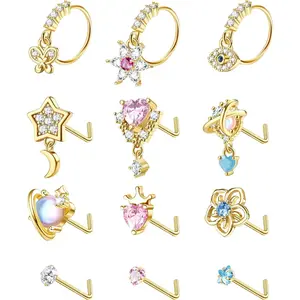 YADOCA 12 Pcs 20G Dangle Nose Rings and Studs for Women - L Shaped Stainless Steel Hoops With Butterfly, Heart, Moon, Flower, Evil Eye, Crown CZ Dangling Piercing Jewelry