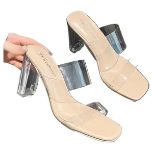 Plus Size Transparent High Heeled Shoes for Women Summer One Strap High Heeled Slippers Crystal Heel Chunky Heel Sandals