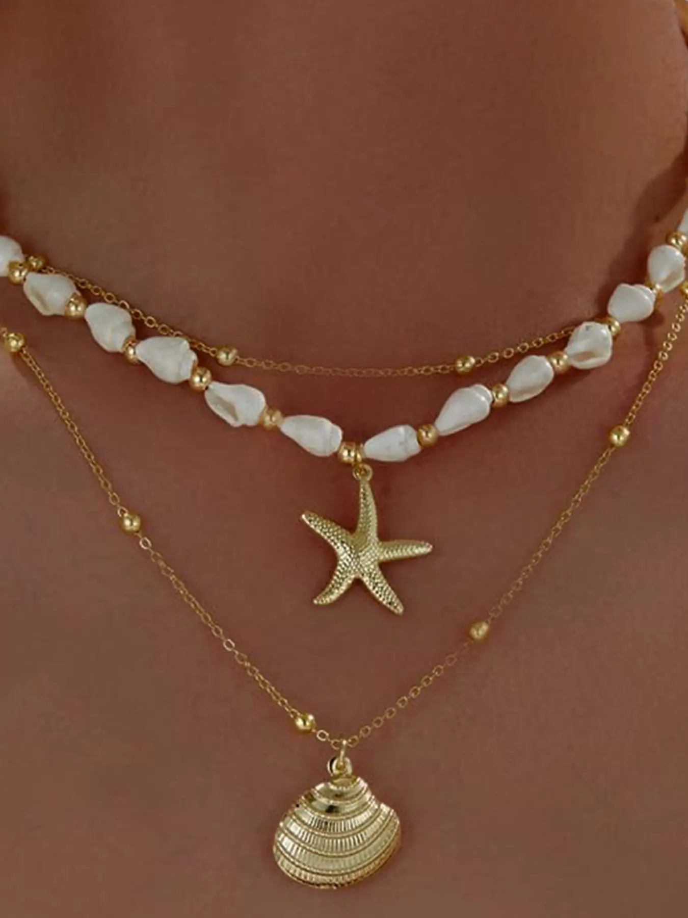 Seashell Starfish Jewelry Necklace for Women Conch Shell Summer Pearl Beach 14k Gold Layered Dainty Choker Marine Life Pendant