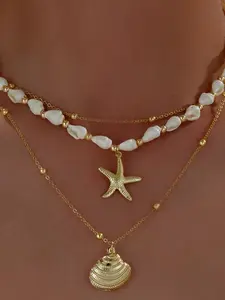 Seashell Starfish Necklace for Women Conch Shell Summer Pearl Beach 14k Gold Layered Dainty Choker Jewelry Star Shine Necklace