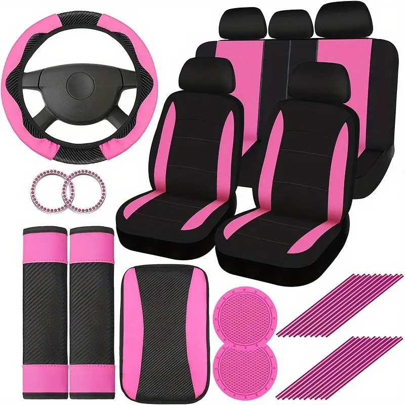 37 Piece Car Interior Set Carbon Fiber Patterned PU Leather Includes 5 Seater Seat Covers Steering Wheel Covers Shoulder Guards Starter Rings Coaster Decorative Strips Tools Decoration Auto Vehicle Pink  red purple