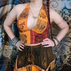 Patchwork Cotton Reversible Bralette, Summer Colorful Crop Top, Boho Hippie Celestial Halter Top, Backless Top Bohemian Festival Fashion, XS-3X