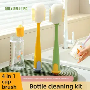 Multi-functional four-in-one long-handled cup brush, cute water cup cleaner, insulated cup lid brush, baby bottle cleaning sponge brush, Bottlewasher