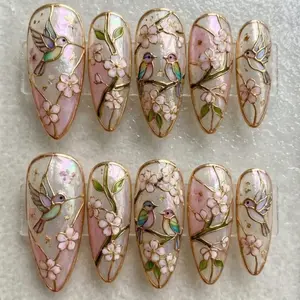 3D Hummingbird Stained Glass Press On Nails | Iridescent Sakura Floral Cathedra Nail Art