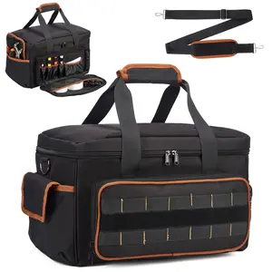 Heavy 17 inch men's and women's tool kit, Oxford fabric tool tote bag with multiple pockets, wide mouth, adjustable shoulder strap, organizer for electrical, mechanical, woodworking, HVAC systems