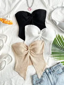 French Style Sweet Cool Women’s Backless Slim Cami Strapless Sleeveless Short Top with Bow, Textured Pleated Light Breathable Fabric, Irregular Hem, Fitted Casual Summer Blouse Set, Basic