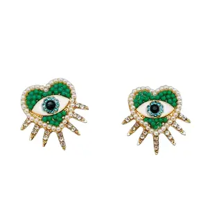 Green Heart-Shaped Evil Eye Stud Earrings