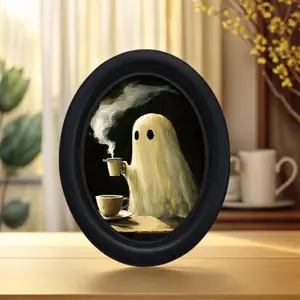 Gothic Victorian Style Halloween Demon Coffee Drinking Wall Art, Handmade Oval Wooden Decor, Perfect for Home & Office Interior Decoration, Artistic Illustrations