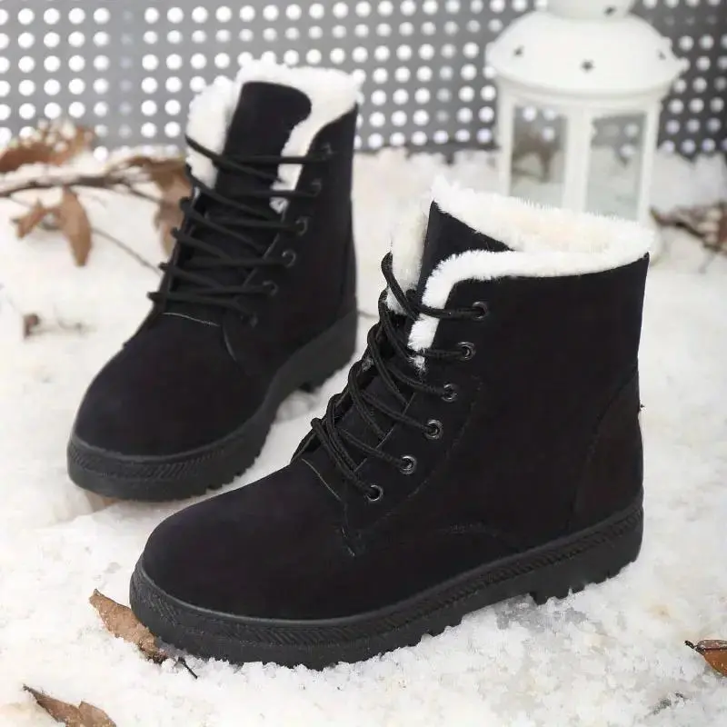 Women's Casual Platform Snow Boots, Plain Round Toe Lace-Up Ankle Booties with Warm Fur Lining, Non-Slip Insulated Winter Footwear, Classic, Laces, Mid-Calf, Outdoors, Chic, Slip Resistant, Affordable Fashion, Cotton Fur