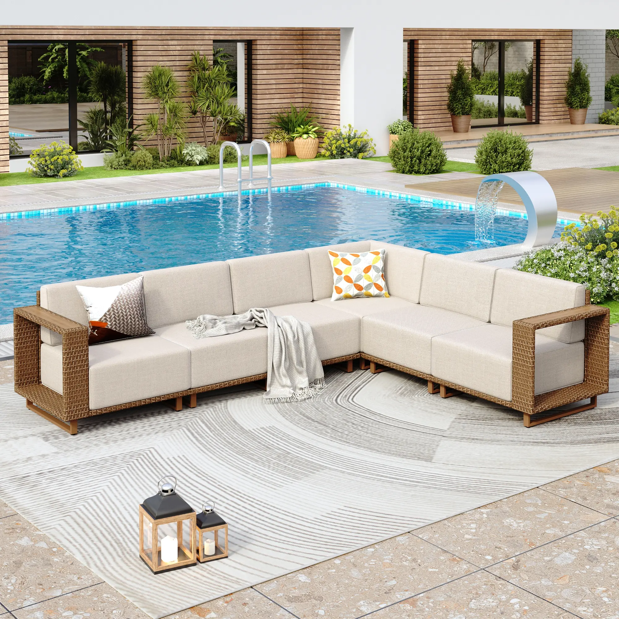 PHIVILLA Catalina Modern L/U-Shaped Patio Modular Sectional Rattan Sofa Set 10" Thick Waterproof Cushions, Assembly Required, Outdoor Garden Use,Home Decor,Summer Sales