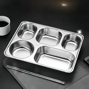 304 Stainless Steel 5 Compartment Meal Tray, Food Grade Metal Cafeteria Plate, Divided Lunch Tray for Restaurant School Cafeteria and Home Use, Durable Sectioned Serving Tray, Smooth Metal Surface Multi Use Food Service Tableware