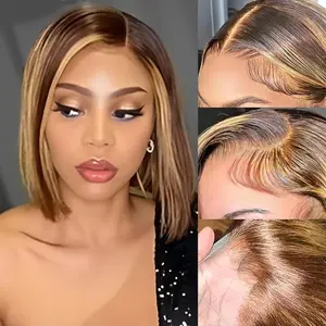 gk Women's 13X4 HD Lace Front Bob Wig, 10-Inch 180 Density Human Hair, 4/27 Honey Blonde Highlight Ombre, Glueless Pre-Plucked Glueless Hairline Wig, Lace Front Bobs for Black Women, Black Woman Wigs, Bob Cut
