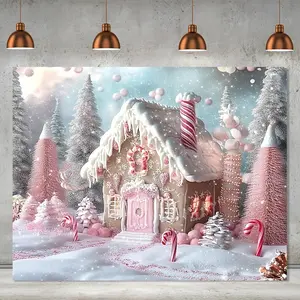 Sparkling Pink & White Winter Wonderland Backdrop with Snow-Covered Dessert Cabin & Candy Trees Durable Polyester Perfect for Christmas Decorations Parties Festive Photo Shoots Christmas Outdoor Decor