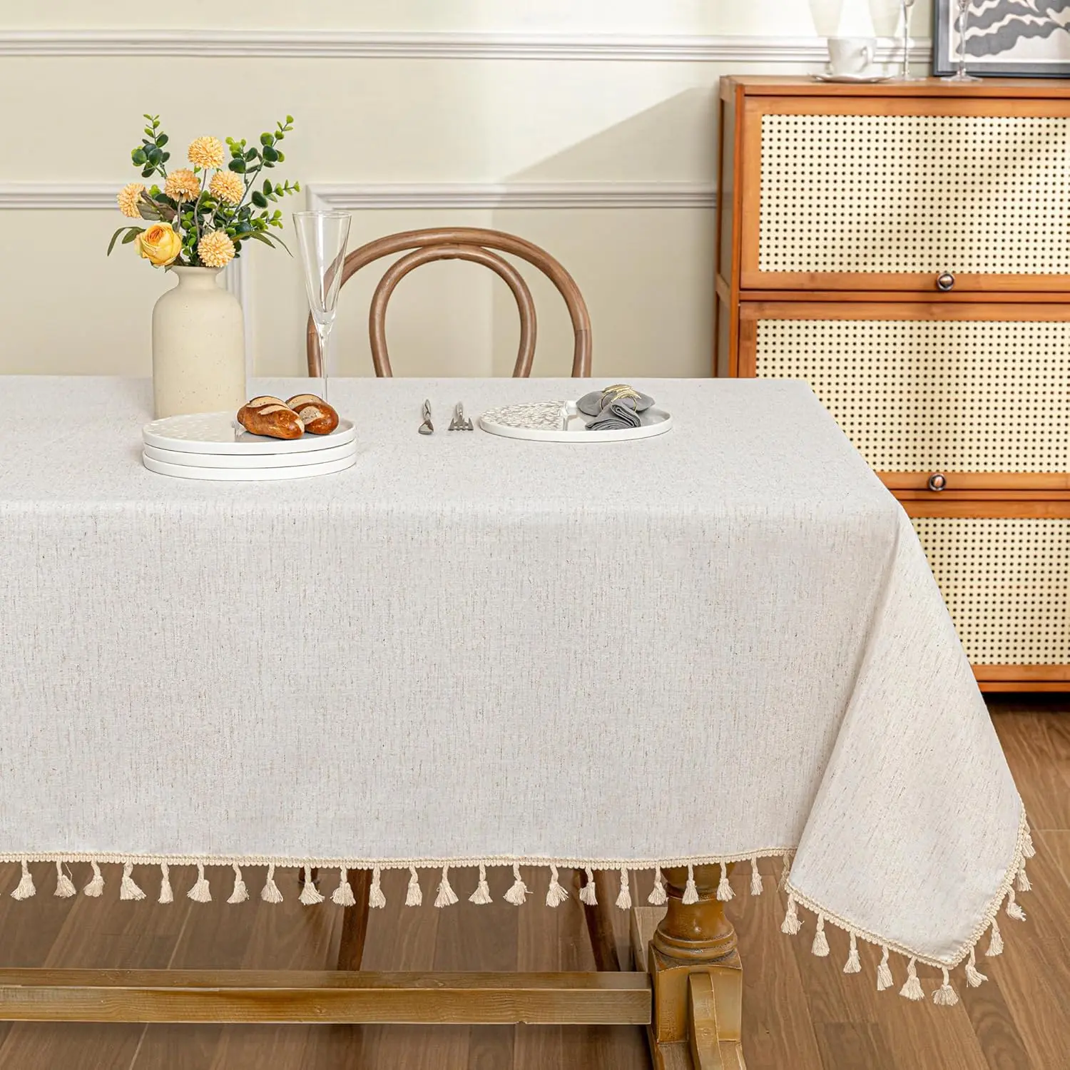 Table Cloth 60x102 in Rectangle, Cotton Tassel Linen Look Waterproof, Wrinkle Free Table Cover with Beige Tassels for Kitchen Dining, Party
