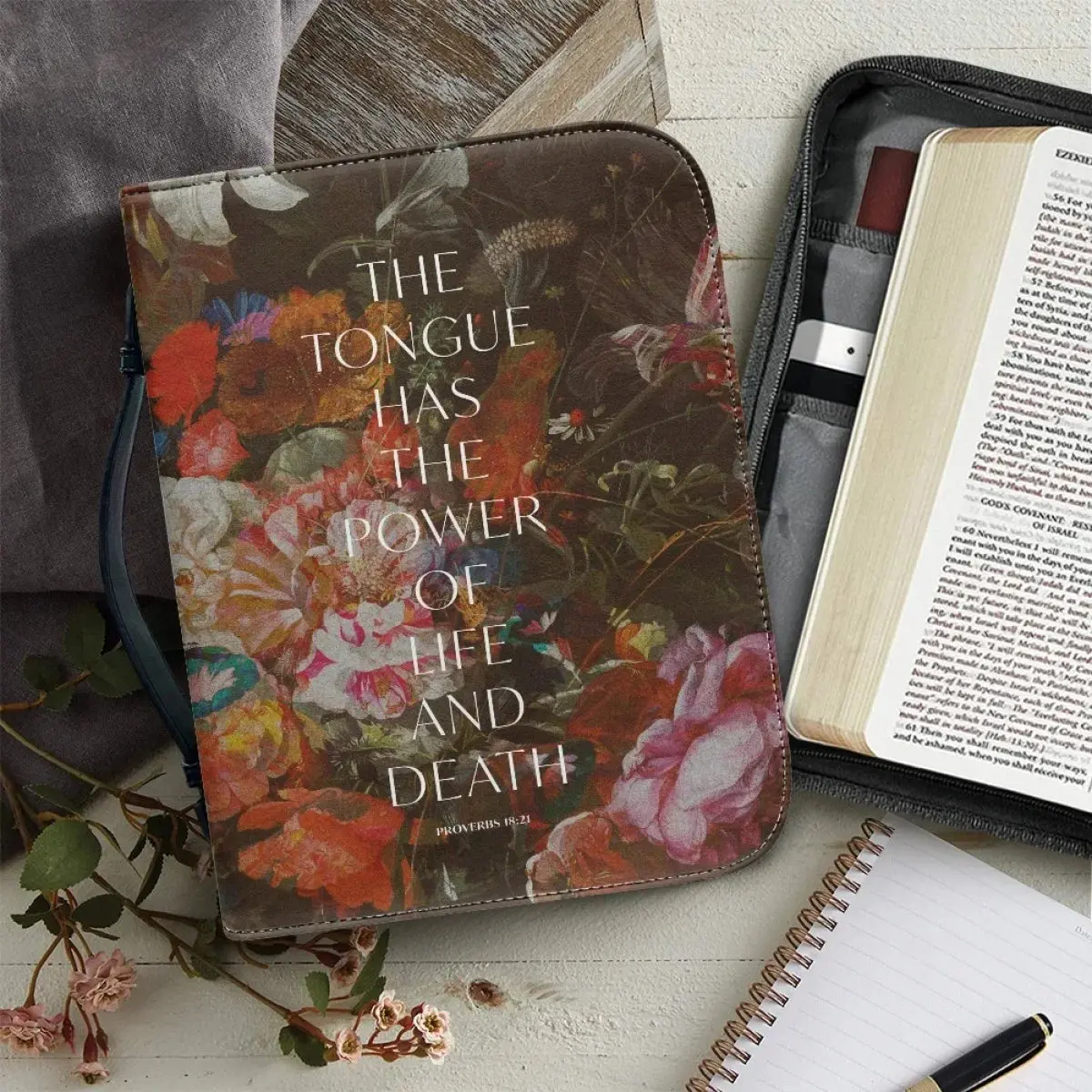 Bible Verse Print Women's PU Leather Bible Cover Case Exquisite Customized Bible Storage Bag Zipper Handle Handbag Christian Bag