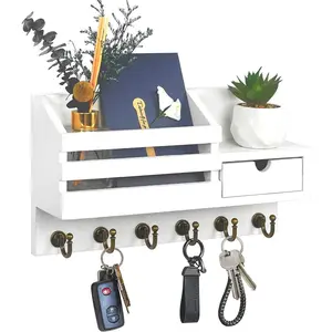 Key and Mail Holder Wall Mount with Drawer and Hooks - Rustic Farmhouse Style Organizer for Entryway and Home Decor