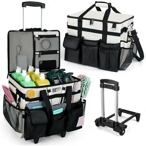 Rolling Cleaning Bag with Wheels, with Detachable Trolley, Cleaning Bags on Wheels for Housekeepers, Cleaning Cart Supplies Organizer for Picnic (Beige)