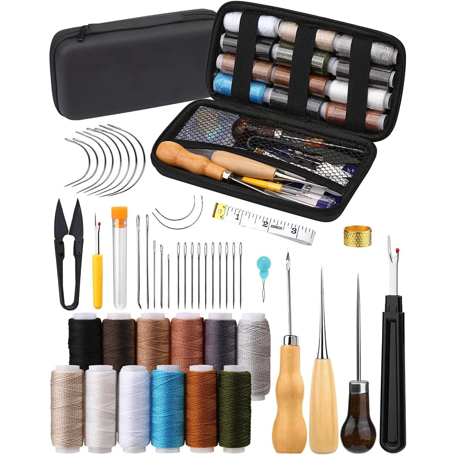 Heavy Duty Sewing Kit, 48 count  and Thread Kit with Upholstery Thread  Sewing Awl Seam Ripper, Upholstery Repair Sewing Kit for  Seats Carpets Shoes Backpacks DIY Crafting