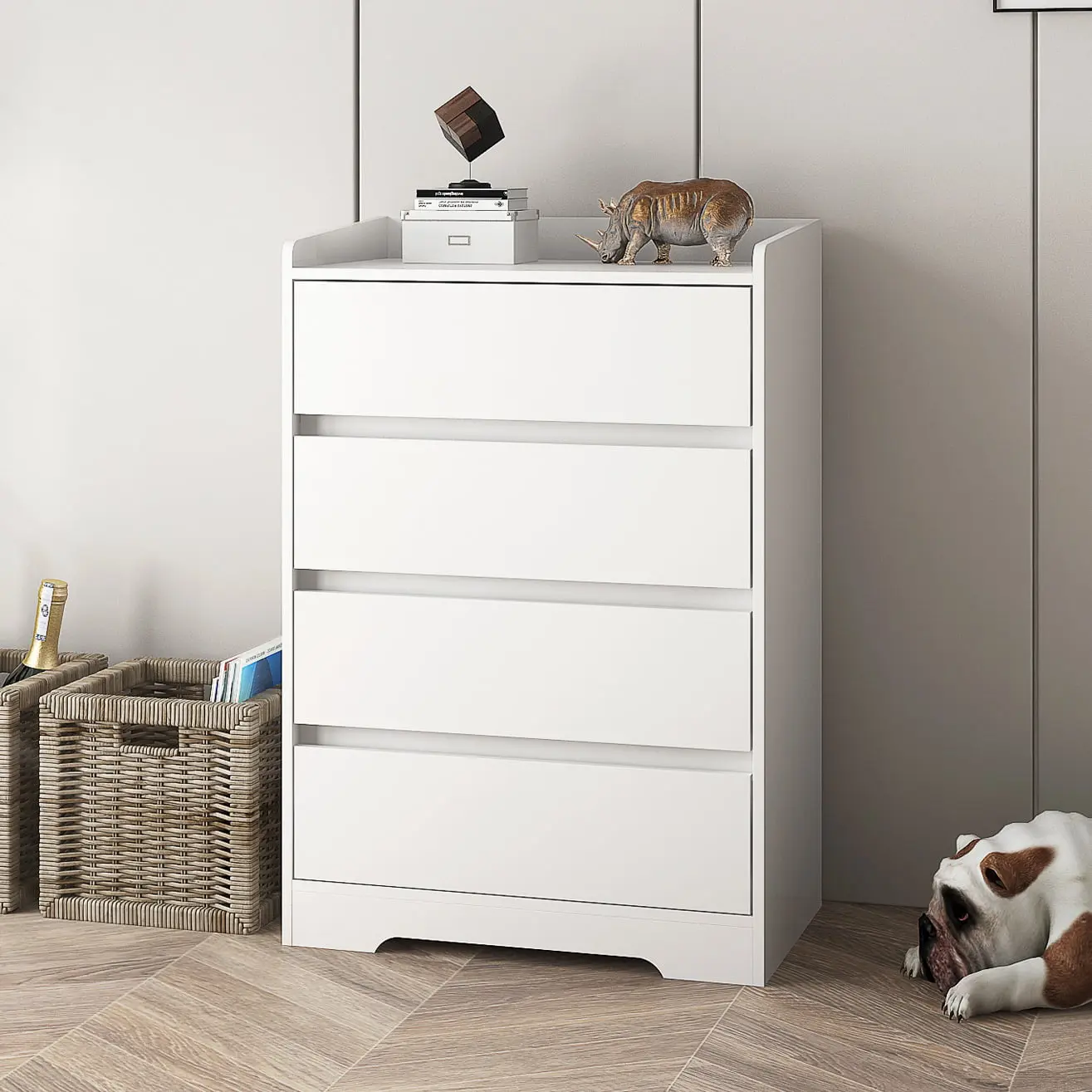 4-Drawer Modern Wood Dresser - Sturdy Waterproof Eco-Friendly Particle Board Freestanding Storage Cabinet, Drawers and Cabinets Furniture for Bedroom (25.69x15.7x38.38in, 20-25 Kg)